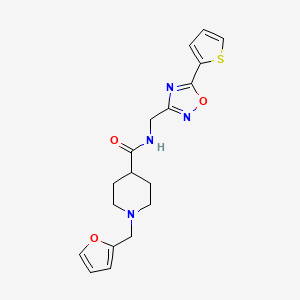 molecular formula C18H20N4O3S B5648699 1-(2-furylmethyl)-N-{[5-(2-thienyl)-1,2,4-oxadiazol-3-yl]methyl}-4-piperidinecarboxamide 