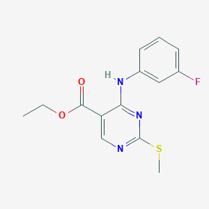 molecular formula C14H14FN3O2S B5652271 ethyl 4-[(3-fluorophenyl)amino]-2-(methylthio)-5-pyrimidinecarboxylate 