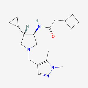 molecular formula C19H30N4O B5652536 2-cyclobutyl-N-{rel-(3R,4S)-4-cyclopropyl-1-[(1,5-dimethyl-1H-pyrazol-4-yl)methyl]-3-pyrrolidinyl}acetamide hydrochloride 