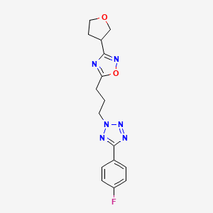 molecular formula C16H17FN6O2 B5653259 5-(4-fluorophenyl)-2-{3-[3-(tetrahydrofuran-3-yl)-1,2,4-oxadiazol-5-yl]propyl}-2H-tetrazole 