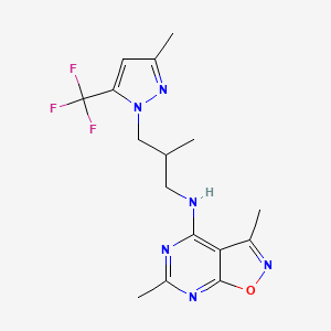 molecular formula C16H19F3N6O B5653729 3,6-dimethyl-N-{2-methyl-3-[3-methyl-5-(trifluoromethyl)-1H-pyrazol-1-yl]propyl}isoxazolo[5,4-d]pyrimidin-4-amine 
