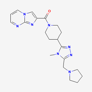 molecular formula C20H26N8O B5653924 2-({4-[4-methyl-5-(pyrrolidin-1-ylmethyl)-4H-1,2,4-triazol-3-yl]piperidin-1-yl}carbonyl)imidazo[1,2-a]pyrimidine 