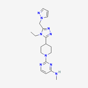 molecular formula C18H25N9 B5654115 2-{4-[4-ethyl-5-(1H-pyrazol-1-ylmethyl)-4H-1,2,4-triazol-3-yl]piperidin-1-yl}-N-methylpyrimidin-4-amine 