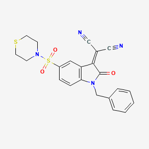 molecular formula C22H18N4O3S2 B565442 2-[(1-苄基-2-氧代-5-(硫代吗啉磺酰基)吲哚啉-3-亚基)丙二腈 CAS No. 1144853-53-1