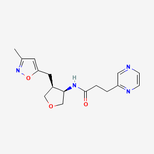 molecular formula C16H20N4O3 B5654729 N-{(3R*,4S*)-4-[(3-methylisoxazol-5-yl)methyl]tetrahydrofuran-3-yl}-3-pyrazin-2-ylpropanamide 