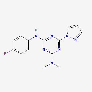 molecular formula C14H14FN7 B5655769 N'-(4-fluorophenyl)-N,N-dimethyl-6-(1H-pyrazol-1-yl)-1,3,5-triazine-2,4-diamine 