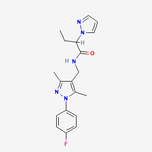molecular formula C19H22FN5O B5655825 N-{[1-(4-fluorophenyl)-3,5-dimethyl-1H-pyrazol-4-yl]methyl}-2-(1H-pyrazol-1-yl)butanamide 