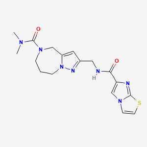 molecular formula C17H21N7O2S B5656057 2-{[(imidazo[2,1-b][1,3]thiazol-6-ylcarbonyl)amino]methyl}-N,N-dimethyl-7,8-dihydro-4H-pyrazolo[1,5-a][1,4]diazepine-5(6H)-carboxamide 