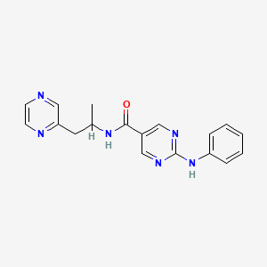 molecular formula C18H18N6O B5656144 2-anilino-N-[1-methyl-2-(2-pyrazinyl)ethyl]-5-pyrimidinecarboxamide 