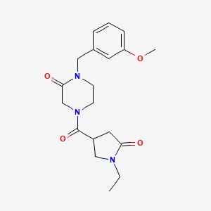 molecular formula C19H25N3O4 B5656701 4-[(1-ethyl-5-oxo-3-pyrrolidinyl)carbonyl]-1-(3-methoxybenzyl)-2-piperazinone 