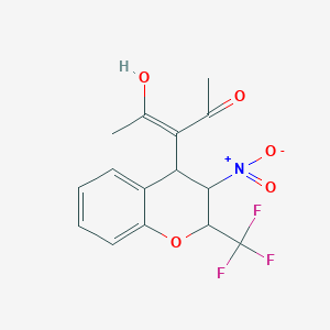 molecular formula C15H14F3NO5 B5657447 4-hydroxy-3-[3-nitro-2-(trifluoromethyl)-3,4-dihydro-2H-chromen-4-yl]pent-3-en-2-one 