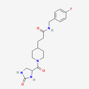 molecular formula C19H25FN4O3 B5657890 N-(4-fluorobenzyl)-3-{1-[(2-oxoimidazolidin-4-yl)carbonyl]piperidin-4-yl}propanamide 