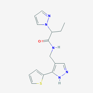 molecular formula C15H17N5OS B5659724 2-(1H-pyrazol-1-yl)-N-{[3-(2-thienyl)-1H-pyrazol-4-yl]methyl}butanamide 