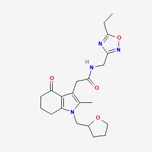 molecular formula C21H28N4O4 B5660092 N-[(5-ethyl-1,2,4-oxadiazol-3-yl)methyl]-2-[2-methyl-4-oxo-1-(tetrahydrofuran-2-ylmethyl)-4,5,6,7-tetrahydro-1H-indol-3-yl]acetamide 
