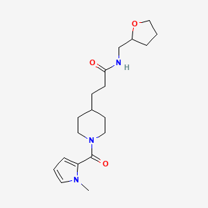 molecular formula C19H29N3O3 B5661256 3-{1-[(1-methyl-1H-pyrrol-2-yl)carbonyl]piperidin-4-yl}-N-(tetrahydrofuran-2-ylmethyl)propanamide 
