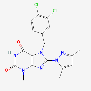 molecular formula C18H16Cl2N6O2 B566191 7-(3,4-二氯苄基)-8-(3,5-二甲基-1H-吡唑-1-基)-3-甲基-1H-嘌呤-2,6(3H,7H)-二酮 CAS No. 1019100-13-0