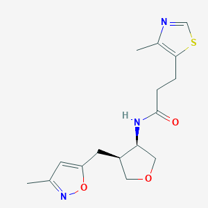 molecular formula C16H21N3O3S B5664573 N-{(3R*,4S*)-4-[(3-methylisoxazol-5-yl)methyl]tetrahydrofuran-3-yl}-3-(4-methyl-1,3-thiazol-5-yl)propanamide 