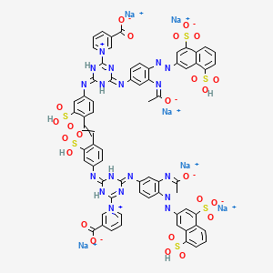 molecular formula C68H46N18Na6O24S6+2 B566459 hexasodium;1-[6-[4-[2-[4-[[6-(3-carboxylatopyridin-1-ium-1-yl)-4-[3-(1-oxidoethylideneamino)-4-[(8-sulfo-4-sulfonatonaphthalen-2-yl)diazenyl]phenyl]imino-1H-1,3,5-triazin-2-ylidene]amino]-2-sulfophenyl]ethenyl]-3-sulfophenyl]imino-4-[3-(1-oxidoethylideneamino)-4-[(8-sulfo-4-sulfonatonaphthalen-2-yl)diazenyl]phenyl]imino-1H-1,3,5-triazin-2-yl]pyridin-1-ium-3-carboxylate CAS No. 101948-59-8