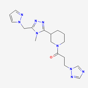 molecular formula C17H23N9O B5664756 3-[4-methyl-5-(1H-pyrazol-1-ylmethyl)-4H-1,2,4-triazol-3-yl]-1-[3-(1H-1,2,4-triazol-1-yl)propanoyl]piperidine 