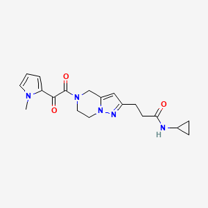 molecular formula C19H23N5O3 B5666812 N-cyclopropyl-3-{5-[(1-methyl-1H-pyrrol-2-yl)(oxo)acetyl]-4,5,6,7-tetrahydropyrazolo[1,5-a]pyrazin-2-yl}propanamide 