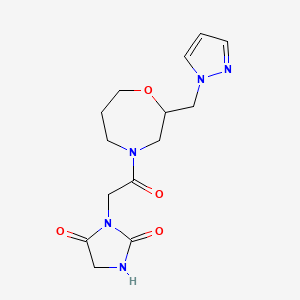 molecular formula C14H19N5O4 B5666922 3-{2-oxo-2-[2-(1H-pyrazol-1-ylmethyl)-1,4-oxazepan-4-yl]ethyl}-2,4-imidazolidinedione 