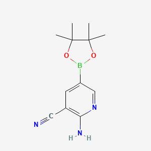 molecular formula C12H16BN3O2 B566786 2-Amino-5-(4,4,5,5-tetramethyl-1,3,2-dioxaborolan-2-yl)nicotinonitrile CAS No. 1246372-66-6
