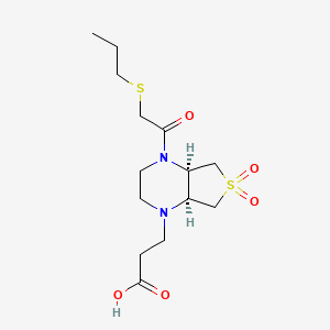 molecular formula C14H24N2O5S2 B5668148 3-[(4aR*,7aS*)-6,6-dioxido-4-[(propylthio)acetyl]hexahydrothieno[3,4-b]pyrazin-1(2H)-yl]propanoic acid 