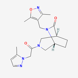 molecular formula C19H25N5O3 B5668312 (1S*,5R*)-6-[(3,5-dimethylisoxazol-4-yl)methyl]-3-[(5-methyl-1H-pyrazol-1-yl)acetyl]-3,6-diazabicyclo[3.2.2]nonan-7-one 