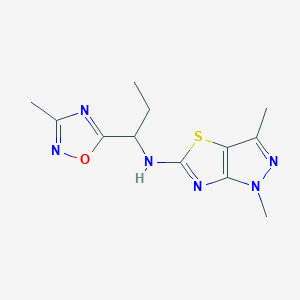 molecular formula C12H16N6OS B5669979 1,3-dimethyl-N-[1-(3-methyl-1,2,4-oxadiazol-5-yl)propyl]-1H-pyrazolo[3,4-d][1,3]thiazol-5-amine 