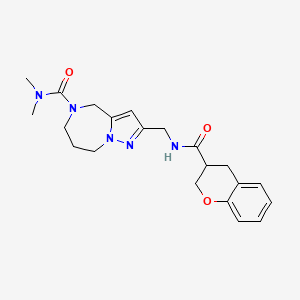 molecular formula C21H27N5O3 B5670349 2-{[(3,4-dihydro-2H-chromen-3-ylcarbonyl)amino]methyl}-N,N-dimethyl-7,8-dihydro-4H-pyrazolo[1,5-a][1,4]diazepine-5(6H)-carboxamide 