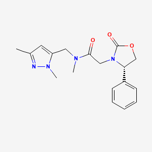 molecular formula C18H22N4O3 B5671426 N-[(1,3-dimethyl-1H-pyrazol-5-yl)methyl]-N-methyl-2-[(4S)-2-oxo-4-phenyl-1,3-oxazolidin-3-yl]acetamide 