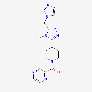 molecular formula C18H22N8O B5671500 2-({4-[4-ethyl-5-(1H-imidazol-1-ylmethyl)-4H-1,2,4-triazol-3-yl]piperidin-1-yl}carbonyl)pyrazine 