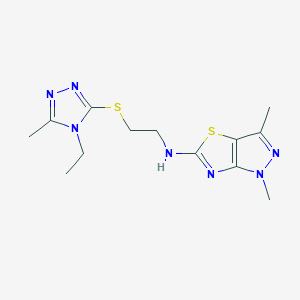 molecular formula C13H19N7S2 B5672025 N-{2-[(4-ethyl-5-methyl-4H-1,2,4-triazol-3-yl)thio]ethyl}-1,3-dimethyl-1H-pyrazolo[3,4-d][1,3]thiazol-5-amine 