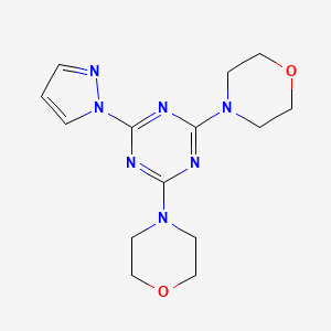 molecular formula C14H19N7O2 B5672455 2,4-di-4-morpholinyl-6-(1H-pyrazol-1-yl)-1,3,5-triazine 