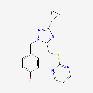 molecular formula C17H16FN5S B5672579 2-({[3-cyclopropyl-1-(4-fluorobenzyl)-1H-1,2,4-triazol-5-yl]methyl}thio)pyrimidine 
