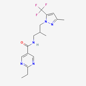 molecular formula C16H20F3N5O B5672835 2-ethyl-N-{2-methyl-3-[3-methyl-5-(trifluoromethyl)-1H-pyrazol-1-yl]propyl}-5-pyrimidinecarboxamide 