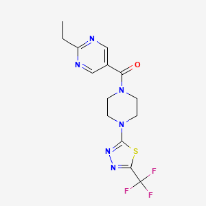 molecular formula C14H15F3N6OS B5677638 2-ethyl-5-({4-[5-(trifluoromethyl)-1,3,4-thiadiazol-2-yl]-1-piperazinyl}carbonyl)pyrimidine 