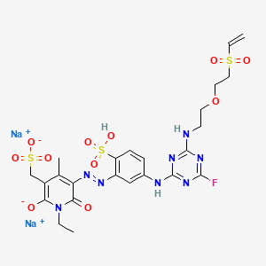 molecular formula C24H27FN8Na2O11S3 B568367 Disodium;[5-[[5-[[4-[2-(2-ethenylsulfonylethoxy)ethylamino]-6-fluoro-1,3,5-triazin-2-yl]amino]-2-sulfophenyl]diazenyl]-1-ethyl-4-methyl-2-oxido-6-oxopyridin-3-yl]methanesulfonate CAS No. 111850-27-2