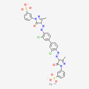 molecular formula C32H22CaCl2N8O8S2 B568628 Benzenesulfonic acid, 3,3'-((3,3'-dichloro(1,1'-biphenyl)-4,4'-diyl)bis(azo(4,5-dihydro-3-methyl-5-oxo-1H-pyrazole-4,1-diyl)))bis-, calcium salt (1:1) CAS No. 111636-31-8