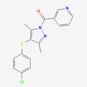 molecular formula C17H14ClN3OS B5687656 3-({4-[(4-chlorophenyl)thio]-3,5-dimethyl-1H-pyrazol-1-yl}carbonyl)pyridine 