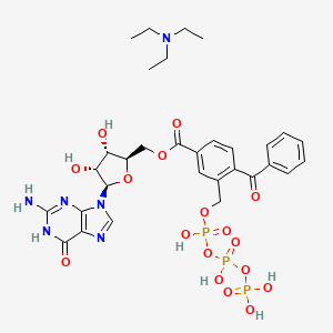 molecular formula C31H41N6O17P3 B571226 [(2R,3S,4R,5R)-5-(2-amino-6-oxo-1H-purin-9-yl)-3,4-dihydroxyoxolan-2-yl]methyl 4-benzoyl-3-[[hydroxy-[hydroxy(phosphonooxy)phosphoryl]oxyphosphoryl]oxymethyl]benzoate;N,N-diethylethanamine CAS No. 112898-14-3