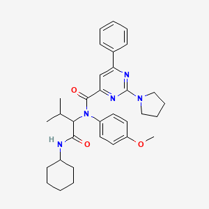 molecular formula C33H41N5O3 B574618 4-Pyrimidinecarboxamide,n-[1-[(cyclohexylamino)carbonyl]-2-methylpropyl]-n-(4-methoxyphenyl)-6-phenyl-2-(1-pyrrolidinyl)- CAS No. 188633-55-8