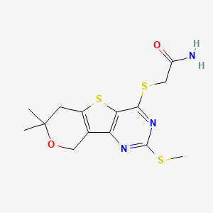 molecular formula C14H17N3O2S3 B5776973 2-{[7,7-dimethyl-2-(methylthio)-6,9-dihydro-7H-pyrano[3',4':4,5]thieno[3,2-d]pyrimidin-4-yl]thio}acetamide 