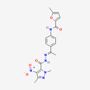 molecular formula C20H20N6O5 B5777303 N-(4-{N-[(1,3-dimethyl-4-nitro-1H-pyrazol-5-yl)carbonyl]ethanehydrazonoyl}phenyl)-5-methyl-2-furamide 