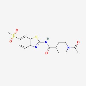 molecular formula C16H19N3O4S2 B5779022 1-acetyl-N-[6-(methylsulfonyl)-1,3-benzothiazol-2-yl]-4-piperidinecarboxamide 