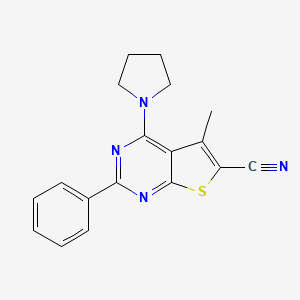 molecular formula C18H16N4S B5788275 5-methyl-2-phenyl-4-(1-pyrrolidinyl)thieno[2,3-d]pyrimidine-6-carbonitrile 