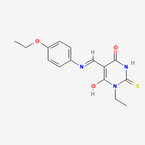molecular formula C15H17N3O3S B5799162 5-{[(4-ethoxyphenyl)amino]methylene}-1-ethyl-2-thioxodihydro-4,6(1H,5H)-pyrimidinedione 