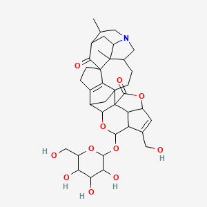 molecular formula C37H47NO11 B580107 7-(Hydroxymethyl)-17,21-dimethyl-9-[3,4,5-trihydroxy-6-(hydroxymethyl)oxan-2-yl]oxy-4,10-dioxa-23-azadecacyclo[14.11.1.11,12.12,5.116,20.02,11.013,28.017,25.018,23.08,31]hentriaconta-6,13(28)-diene-3,29-dione CAS No. 1467083-07-3