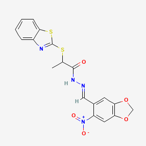 molecular formula C18H14N4O5S2 B5801200 2-(1,3-benzothiazol-2-ylthio)-N'-[(6-nitro-1,3-benzodioxol-5-yl)methylene]propanohydrazide 