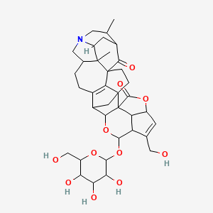 molecular formula C37H47NO11 B580217 10-(Hydroxymethyl)-23,27-dimethyl-12-[3,4,5-trihydroxy-6-(hydroxymethyl)oxan-2-yl]oxy-7,13-dioxa-21-azadecacyclo[14.11.1.11,24.14,15.15,8.04,28.05,14.019,27.021,26.011,31]hentriaconta-9,16(28)-diene-6,29-dione CAS No. 1467083-09-5